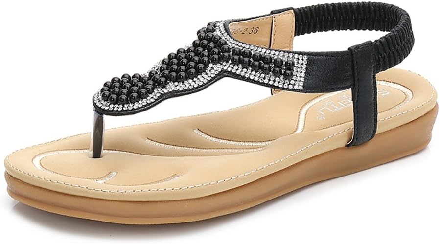 Meeshine Women Bohemia Flat Sandals Summer Beach Glitter Beads Elastic T-Strap Flip-Flop Thong Shoes