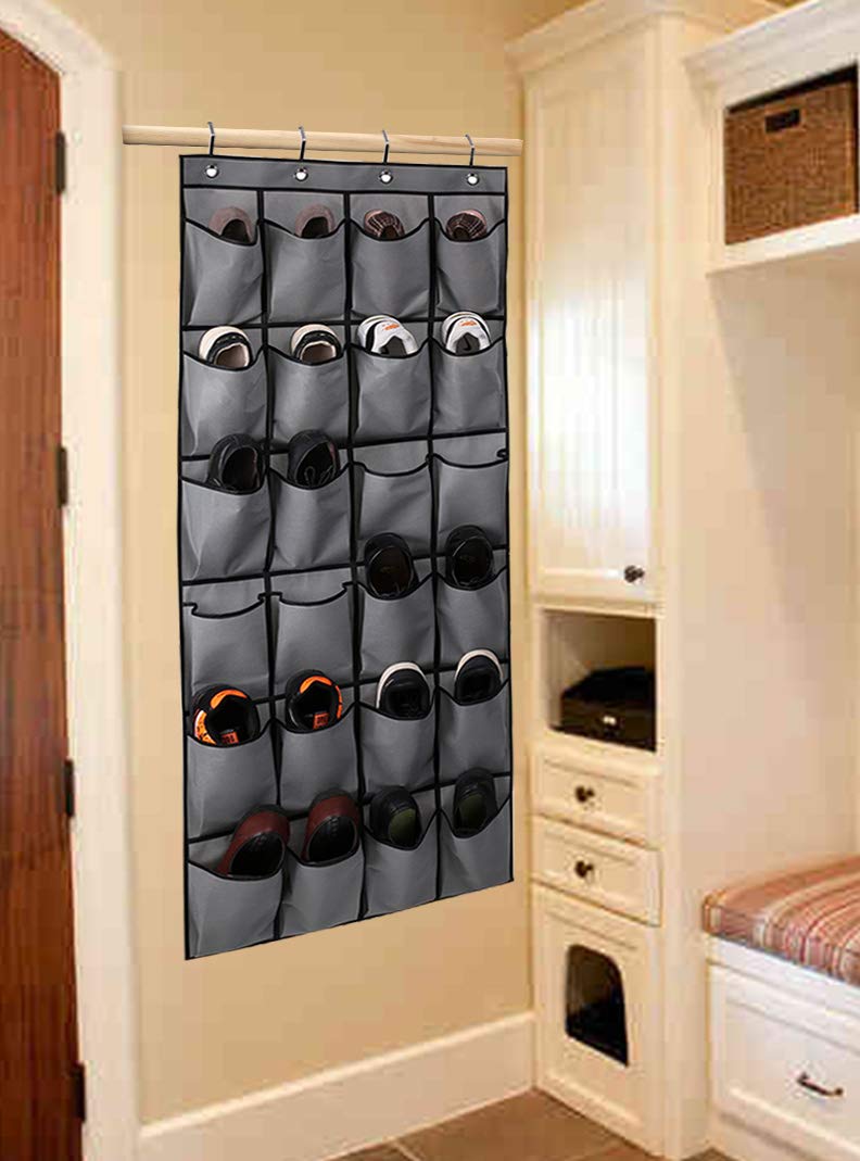 over the door shoe rack on Storage Organization Gray Kimbora Over The Door Shoe Organizer 24 Large Fabric Pockets Hanging Shoe Rack Hanger Holder With 4 Otd Hooks Clothing Closet Storage