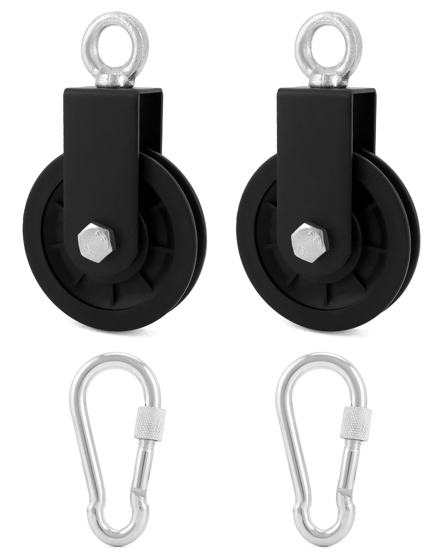 QWORK® 2PCS 90mm pulley block with hanging strap carabiner, gym cable pulley system, for gym equipment, lift cable machine