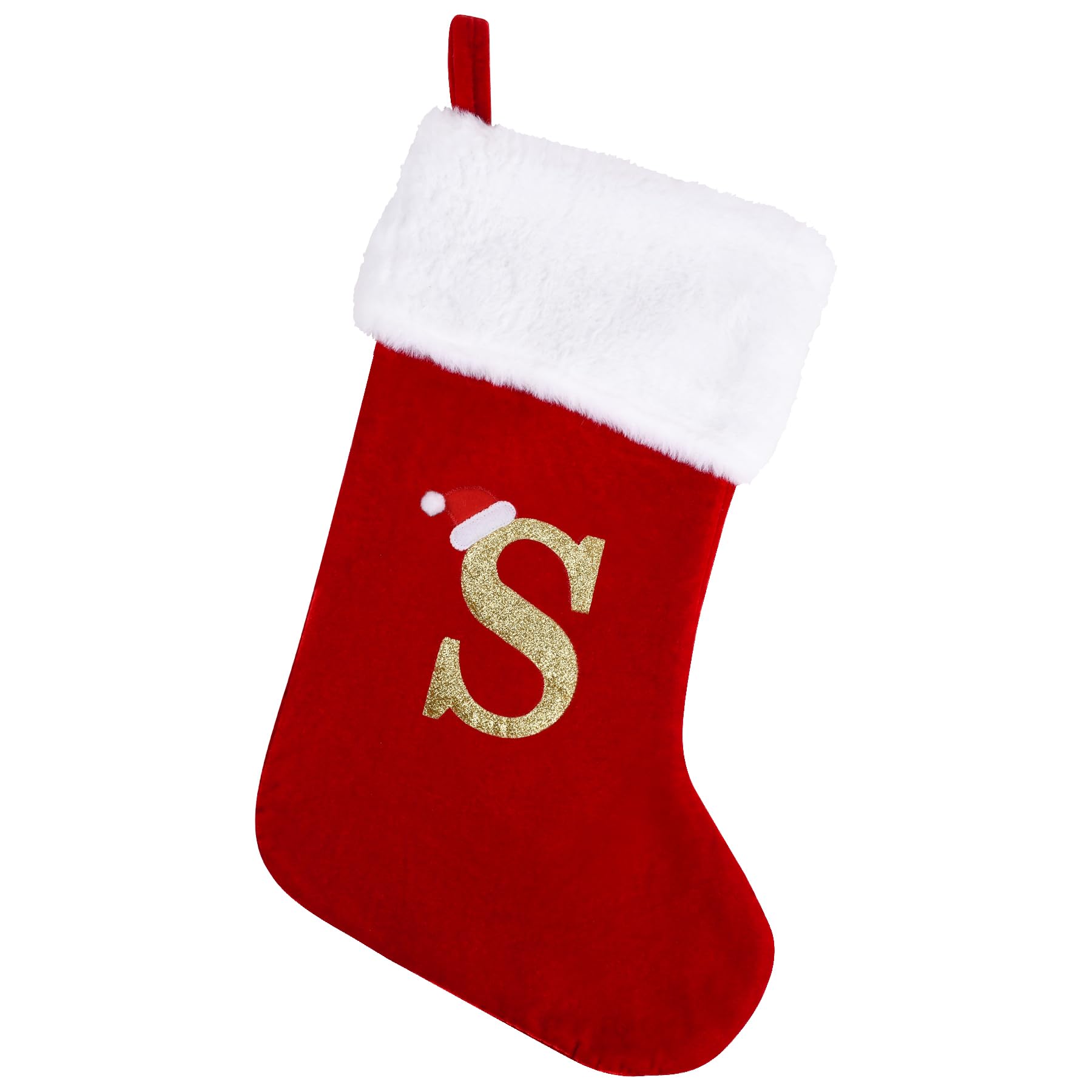 Photo 1 of 20 Inches Monogram Christmas Stockings with Letters, Large Super Soft Christmas Stockings Red Velvet with White Super Soft Plush Cuff for Christmas Xmas Tree Holiday Fireplace (S)