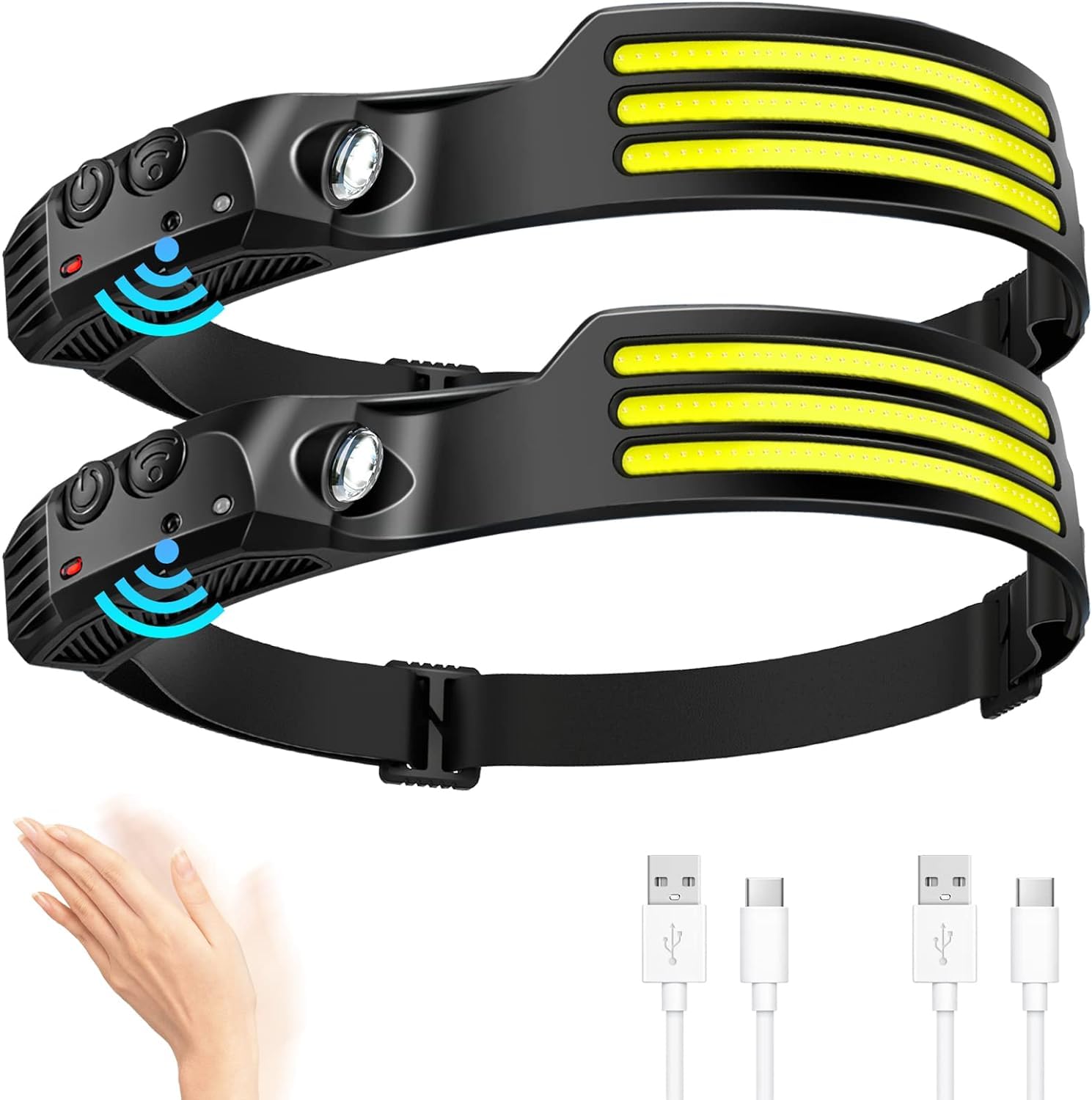 PARAROSE LED Rechargeable Head Torch (2 PCS), 230° Wide Beam Head Lamp with Motion Sensor, Waterproof Head Light Flashlight for Hiking, Running,Camping, Fishing, Cycling