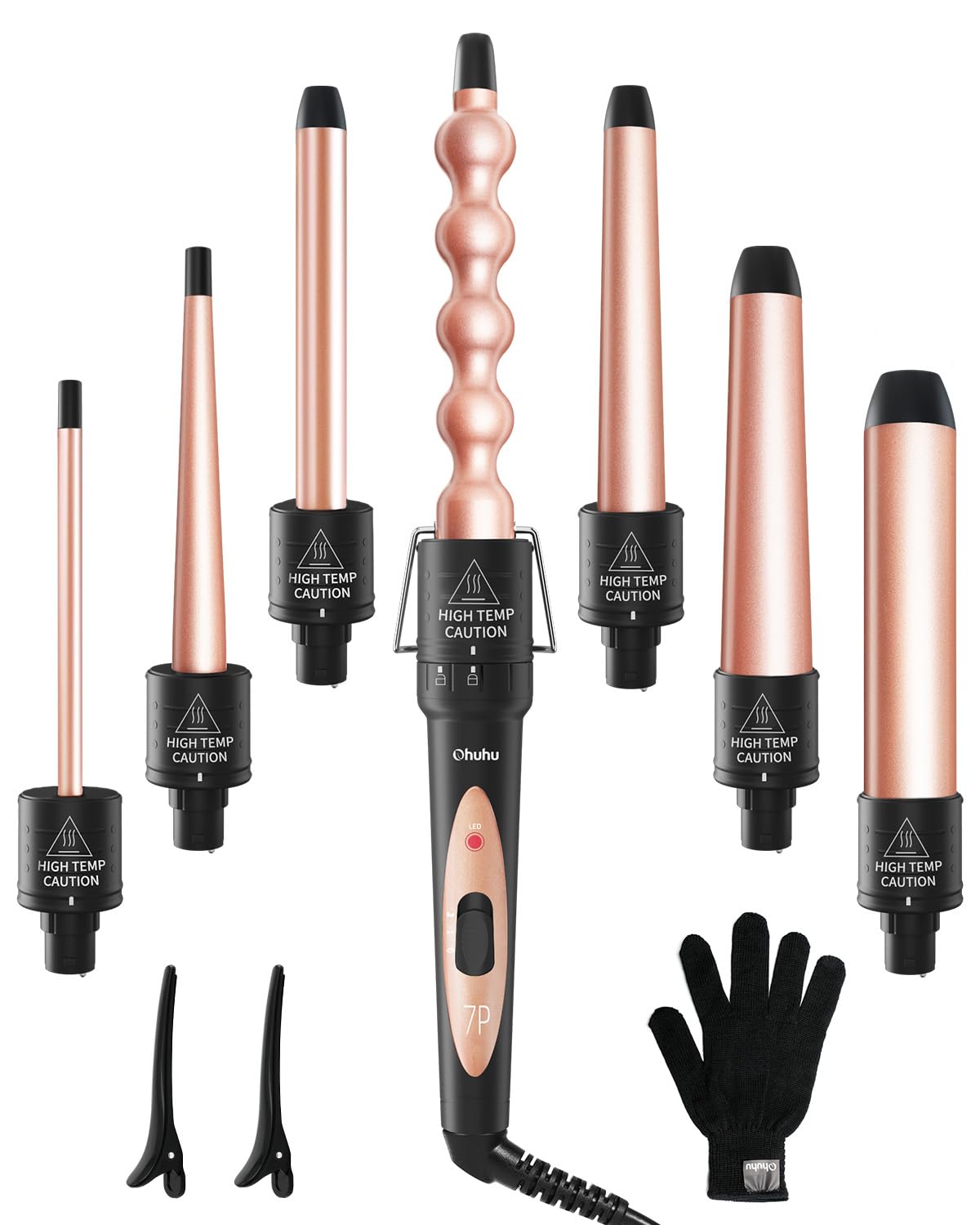 Photo 1 of 7 in 1 Curling Wand Set: Ohuhu Curling Iron Wand 7Pcs 0.35 to 1.25 Inch Interchangeable Ceramic Barrel Heat Protective Glove 2 Clips Dual Voltage Hair Curler Girl Women Mother Christmas Gift Rose Gold