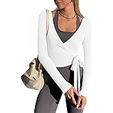 Yousify Womens Wrap Tie Tops Y2k Long Sleeve Ballet Pilates Yoga Workout Wrap Shirts Deep V Neck Casual Tops