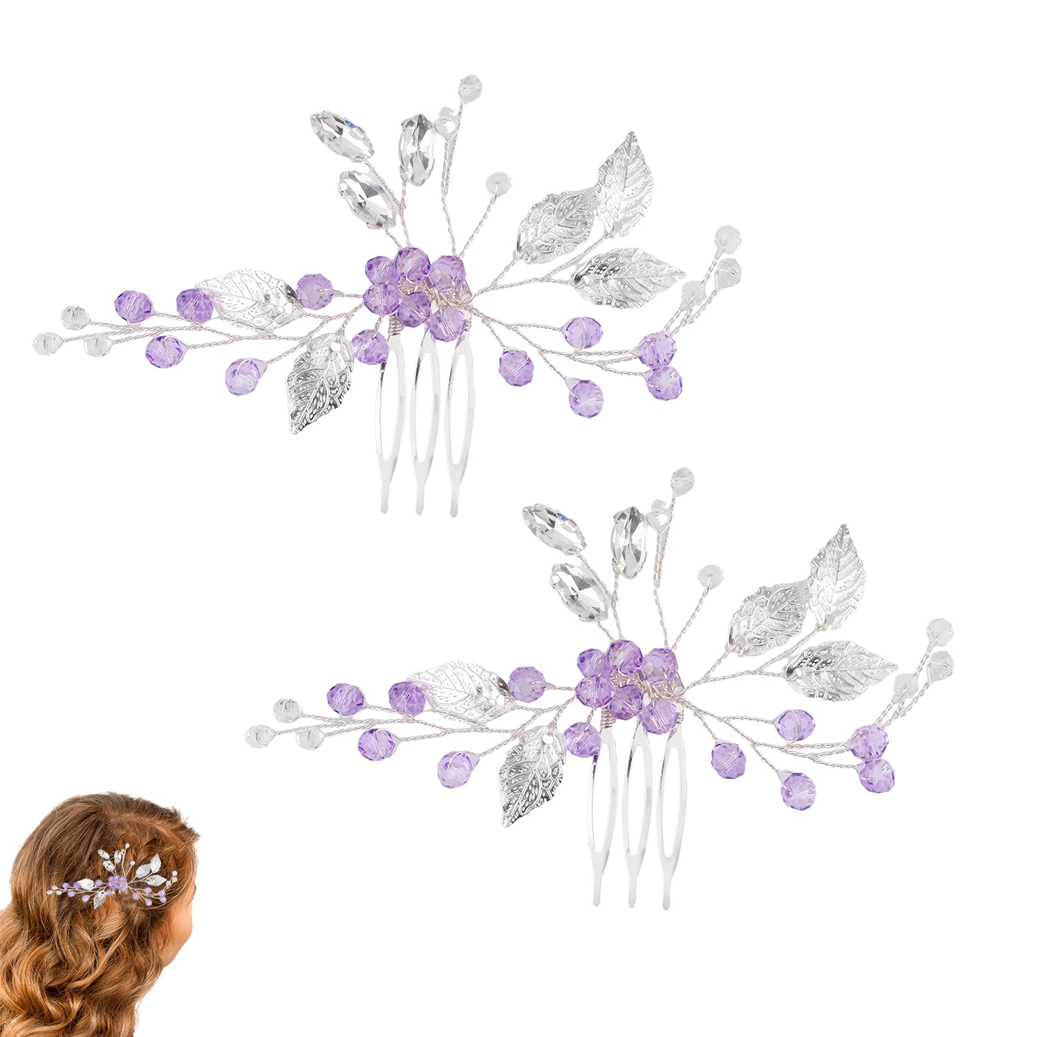 2pcs Leaf Hair Combs, Rhinestone Hair Comb Hair Side Combs Crystal Hair Comb Clips Hair Accessories for Girls Women Brides Bridesmaid (Purple)