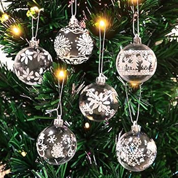 Unomor Christmas Tree Ornaments, 6 Patterns 30 ct White Clear Shatterproof Christmas Ornaments with Snowflake, Snowman, Christmas Tree and Elk Design-60MM