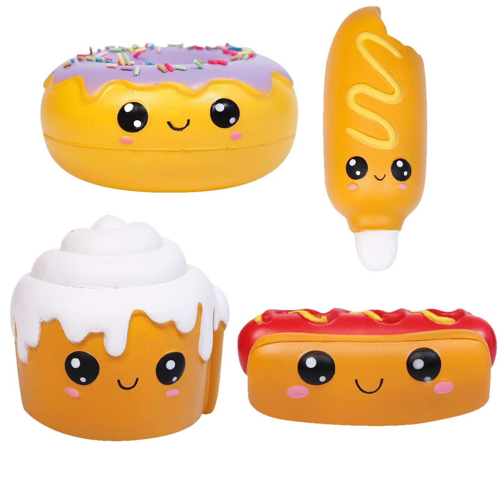 Anboor 4 Pcs Squishies Hot Dog Cake Bread Donut Kawaii Scented Soft Slow Rising Squeeze Stress Relief Kids Toy Stress Relief Kid's Toys
