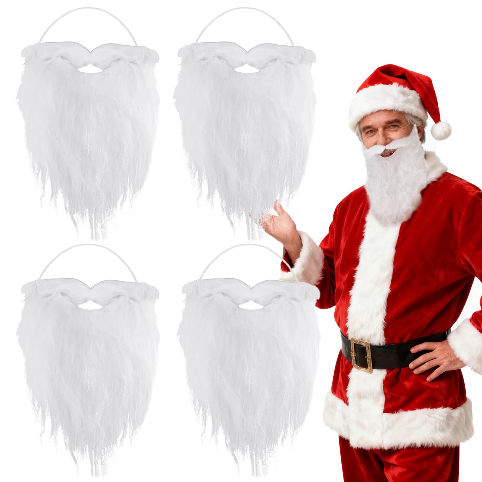 SAIIURV 4 Pcs Old Man Fake Beard Santa Claus Funny False Beard Novelty Fake Moustache, Adjustable Elastic Rope, Christmas Halloween Decorations Masquerade Mask for Men Gatherings (White)