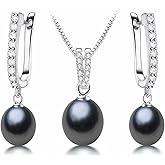 HENGSHENG Pearl Jewelry Set For Women with Cubic Zirconia Freshwater Pearl Pendant Necklace & Earrings 925 Sterling Silver for Wedding Prom Gift
