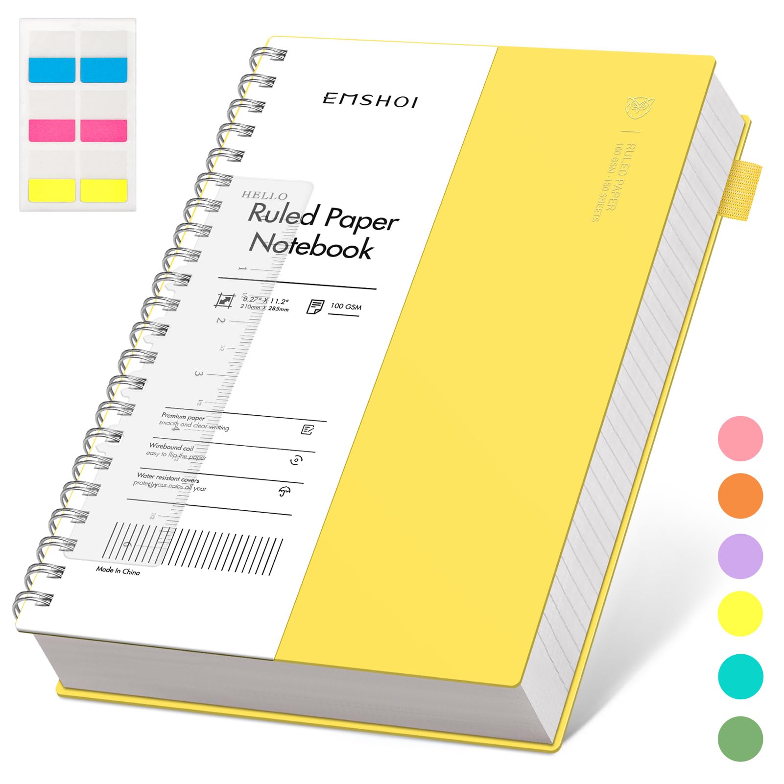 EMSHOI A4 Notebook College Ruled, Spiral Notepad 150 Sheets/300 Pages, 100gsm, PVC Cover, Sticky Notes, Pocket, Pen Loop, Ruler, Bookmark, Lined Journal for Women Men Writing, 21.5x27.9cm, Yellow