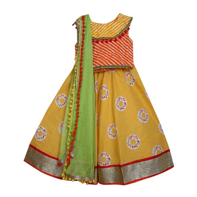 Kids Chakra By Hopscotch Girls Cotton Rings Lehengas And Blouse Set In Yellow Color