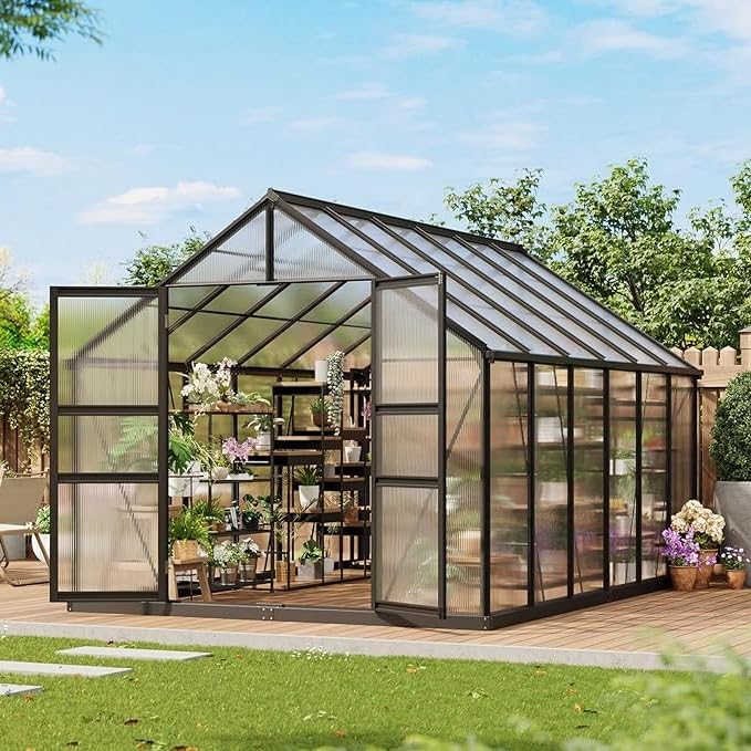 Photo 1 of Garvee 12x8 ft Greenhouse, Easy Assembly Polycarbonate Greenhouses for Outdoor with Adjustable Roof Vent, Large Aluminum Walk-in Greenhouse with Lockable Hinged Door for Patio, Backyard, Garden, Black