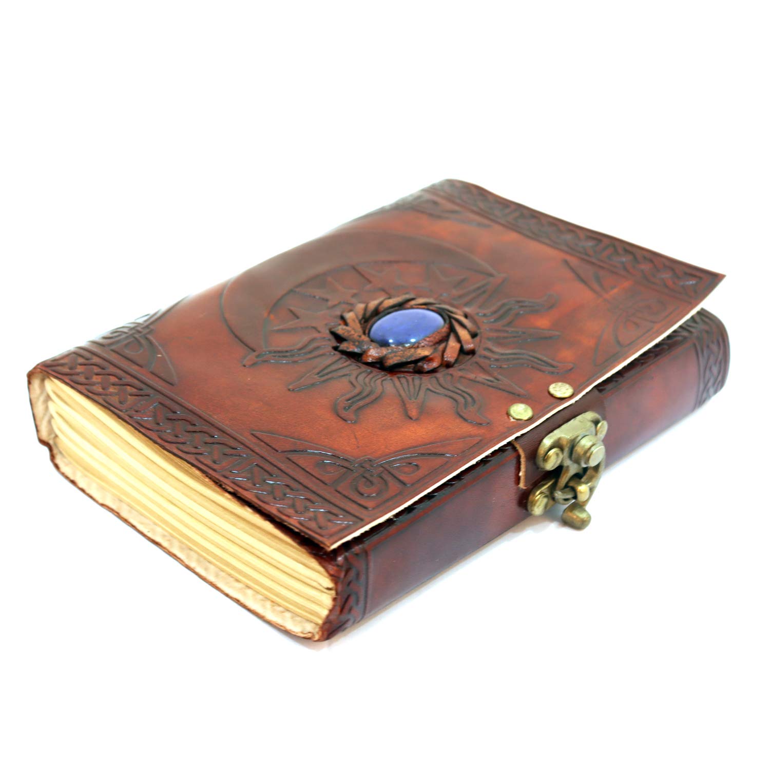 AzureGreen Leather Journal with Unlined Pages Sun and Moon Blue Stone Leather Writing Journal for Women and Men