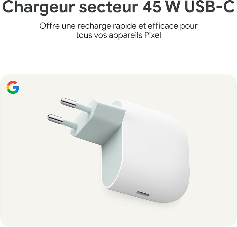 Chargeur Secteur Google 45 W USB-C – Chargeur pour téléphone Pixel à Recharge Rapide – Compatible avec Les Produits Made by Google et d'autres appareils USB-C® – Neige
