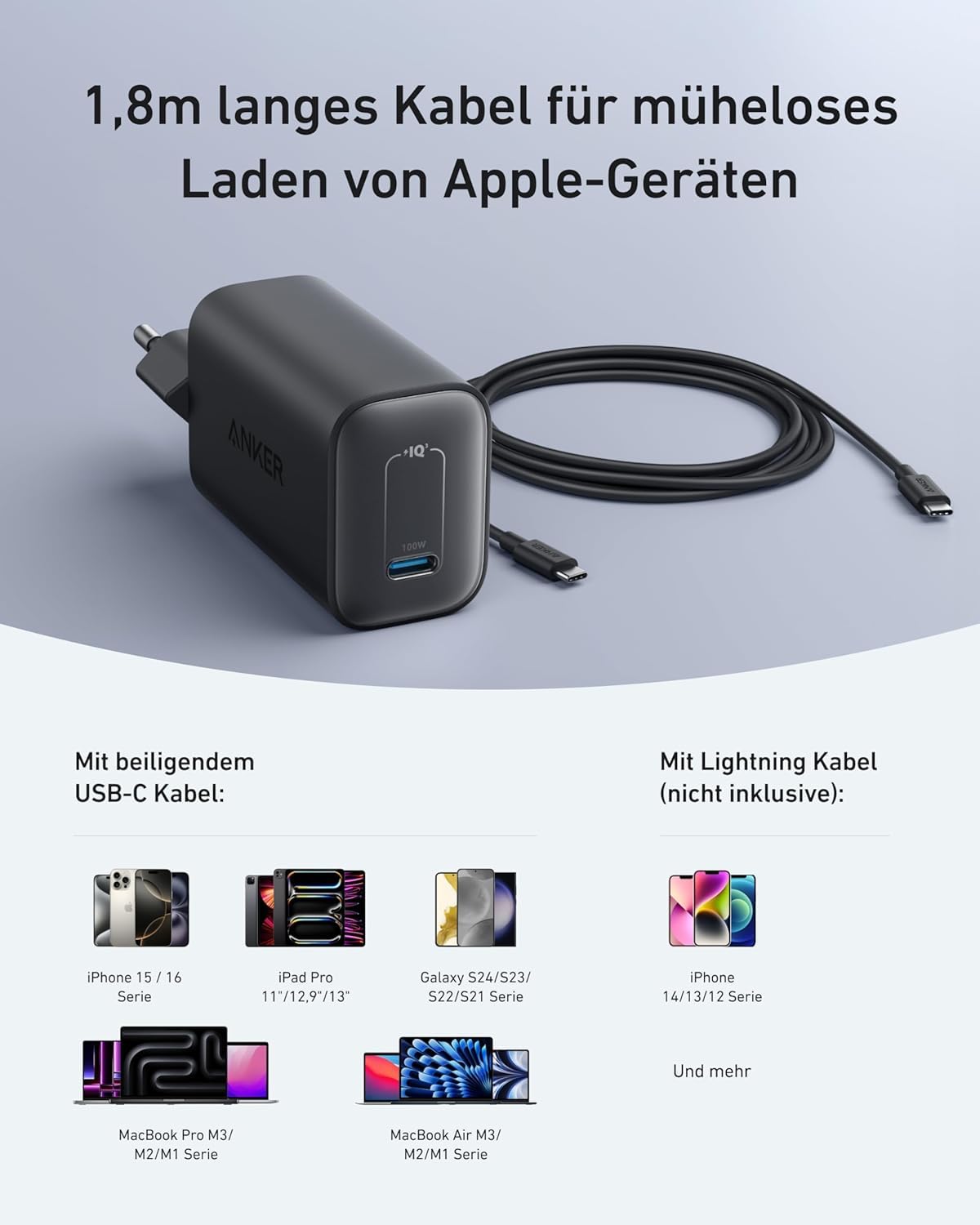Anker Nano 100W Ladegerät, 100W MacBook Ladegerät, Netzteil für MacBook, iPad, iPhone 17/16, Galaxy, und alle USB-C Geräte, 1,8m USB-C Kabel inklusive (Weiß) 6