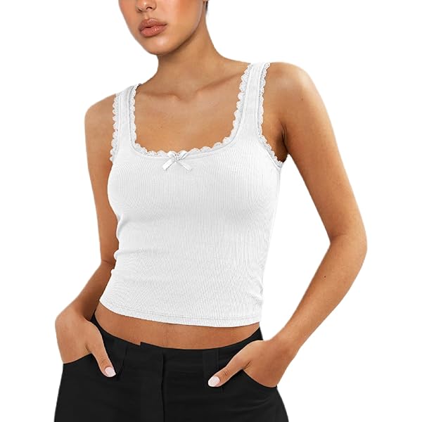 YADMISU Women's Ribbed Lace Crop Tank Top U Neck Sleeveless