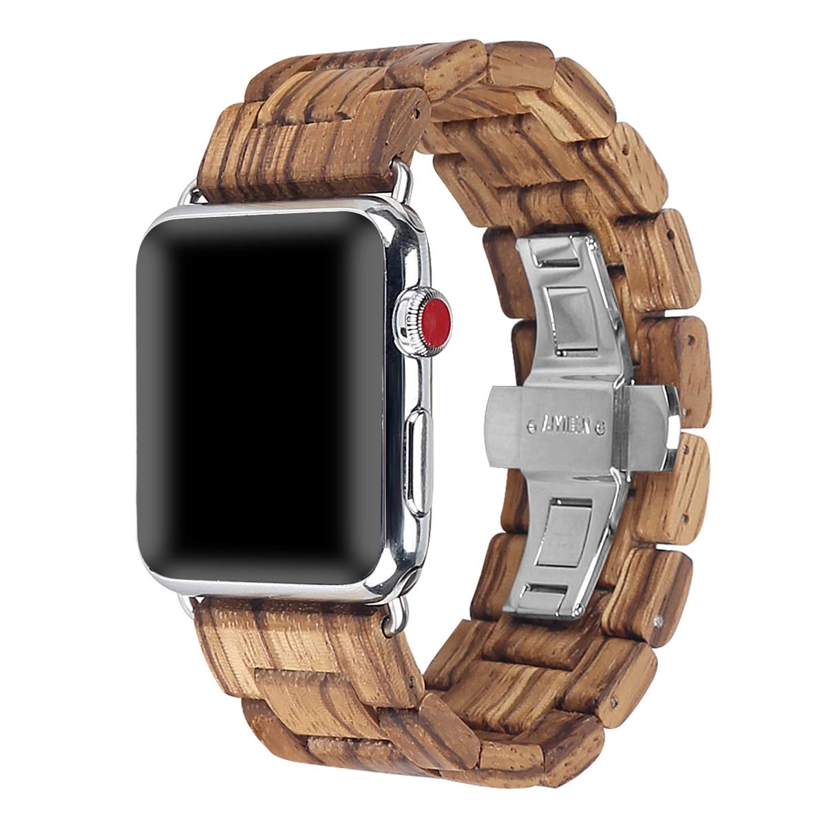 AIYIBEN Wooden Watch Strap Band 38mm/40mm/41mm with Stainless Steel Butterfly Buckle Compatible for iWatch Series 1 2 3 4 5 6 7(Zebra 38mm)