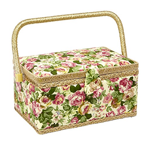 Sewing Basket with Rose Floral Print Design- Sewing Kit Storage Box with Removable Tray, Built-In Pin Cushion and Interior Pocket - Medium - 11" x 7" x 5.5" - by Adolfo Design