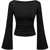 SHENHE Women's Ruched Boat Neck Bell Long Sleeve T Shirts Slim Fitted Solid Basic Tee Tops