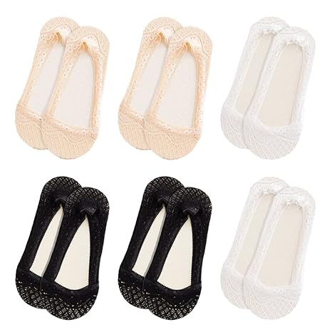 hikong 6 Paare Damen Unsichtbar Socken Anti Rutsch Ballerina Lace Spitze Footies Füßlinge Spitzensocken Sneakersocken Baumwol