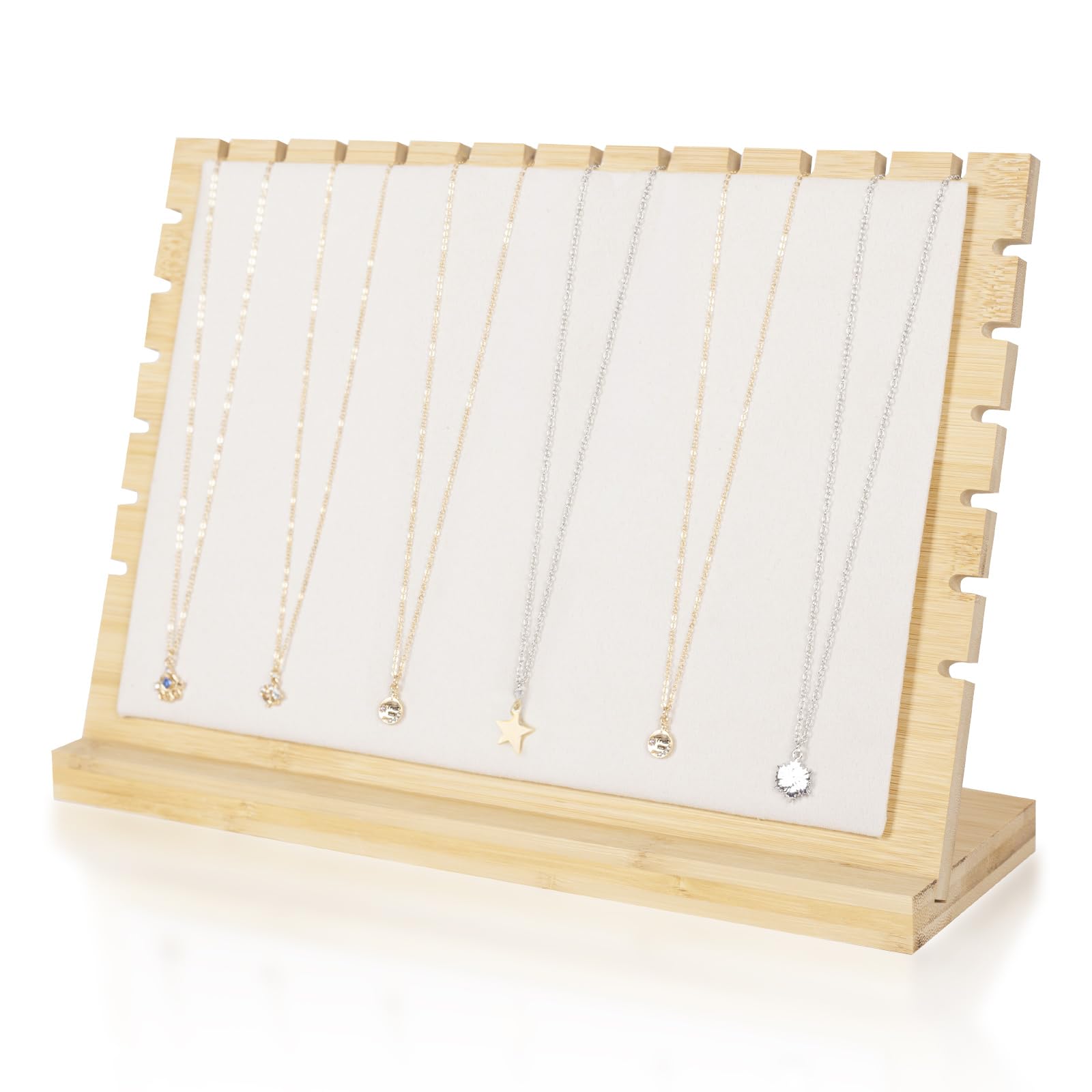 Pinkgarden Bamboo Necklace Display Stand - Chain Jewelry Rack Organizer, Eco-Friendly Jewelry Holder Tabletop Jewelry Rack Showcases for Home and Shop Use (Beige Velvet)
