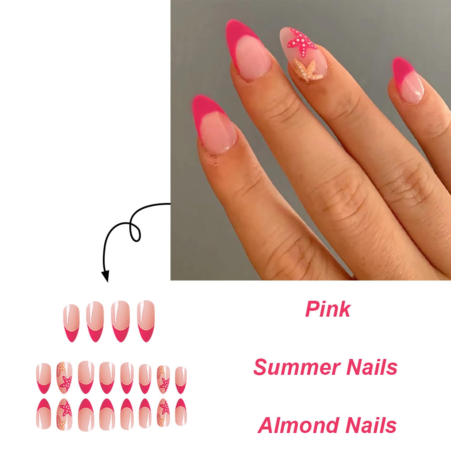 SWEKKE Press on Nails French Tip Fake Nails Starfish False Nails with Designs Pink Full Cover Cute Acrylic Nails Glossy Glue on Nails Summer Handmade Nails Artificial Nails for Women Girls 24Pcs - Image 3