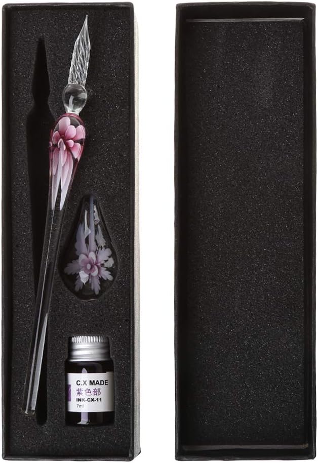 BaiyaoEmbedded Floral Crystal Glass Dip Pen Set,Vintage Handmade Art Caligraphy Set Glass Dip Pen with Ink and Pen Holder,Drawing Painting Kit DIY Craft Gifts