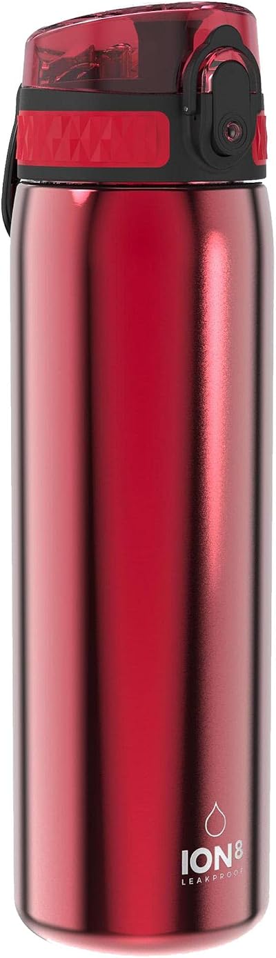 Ion8 600ml Lightweight Stainless Steel Water Bottle, Red, Leak Proof,
