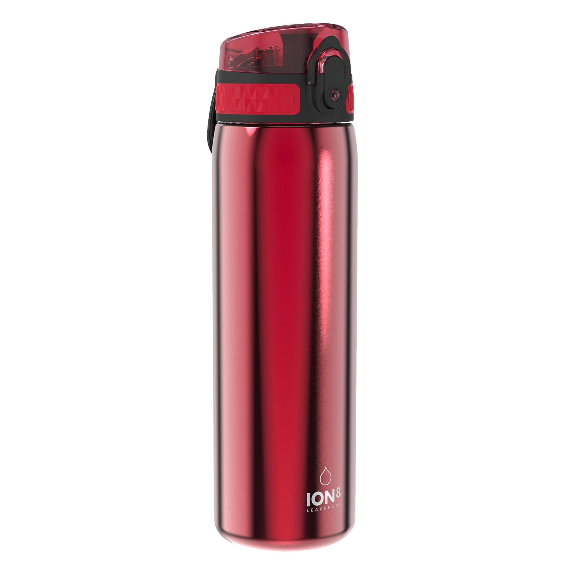 Ion8 Lightweight Steel Water Bottle, 600ml/20oz, Non-Insulated, Leak Proof, Easy to Open, Secure Lock, Dishwasher Safe, Flip Cover, Fits Cup Holders, Carry Handle, Metal Water Bottle, Metallic Red