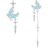SIXFOX Moon Earrings for Women, Asymmetrical Celestial Jewelry, Witchy Dangle Star Earrings, Dangly Silver Space Earring