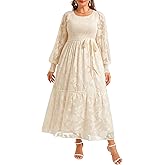 Pinup Fashion Plus Size Fall Dress - 2025 Wedding Guest Long Sleeve Floral Lace Long Dress with Belt