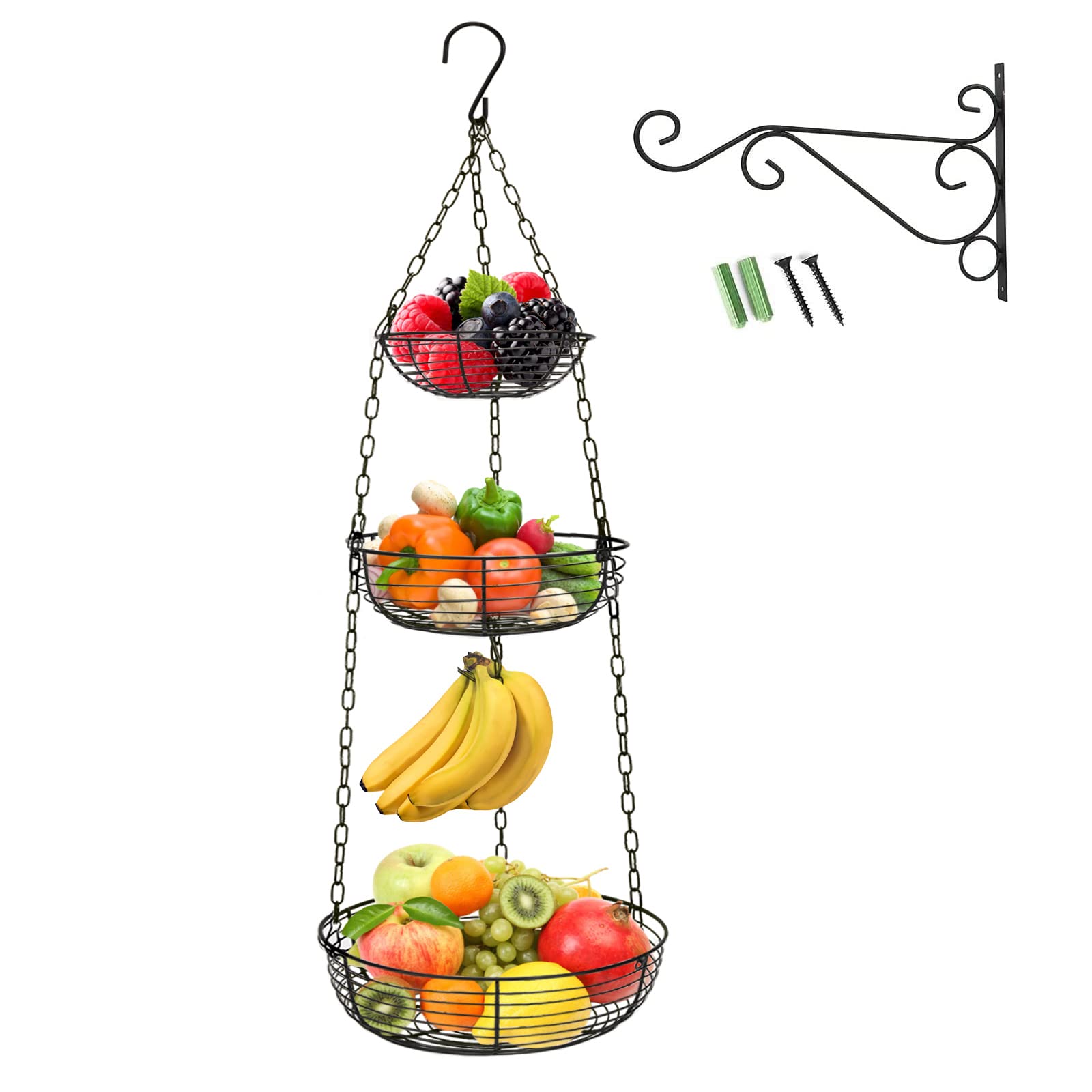 Photo 1 of HULISEN 3 Tier Hanging Fruit Basket with Banana Hook, Heavy Duty Wire Hanging Baskets for Kitchen Storage, 36 Inch Hanging Vegetable Produce Basket Organizer (Including Installation Bracket)