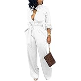 SxClub Jumpsuits for Women Formal Sexy Elegant Long Straight Pants Busineess Party Jumpsuit with Belt Pockets