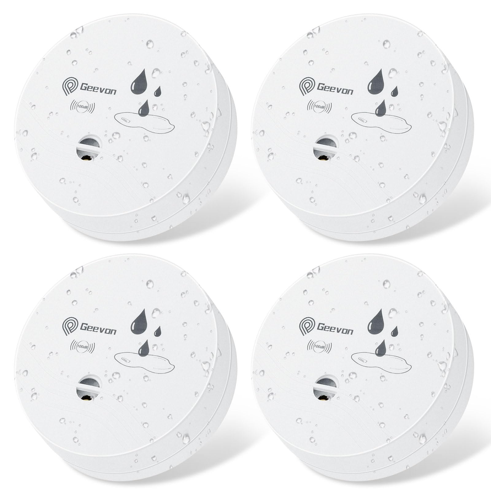 Photo 1 of Geevon 4 Pack Water Leak Detectors, 100dB Water Sensor Alarms Flood Detector for Basements, Bathrooms, Laundry Rooms, Kitchens, Garages, and Attics, Water Alarms Battery-Operated (Battery Included)