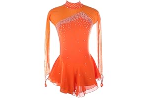 HAWFHH Figure Skating Skirt for Kids Girls, Long Sleeve Rhinestones Ice Figure Skating Dress, Warm Skate Competition Custumes