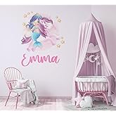 Name Unicorn & Mermaid Wall Decal for Girls Nursery - Stars Room Decor Art - Pastel Stickers for Classroom Bedroom