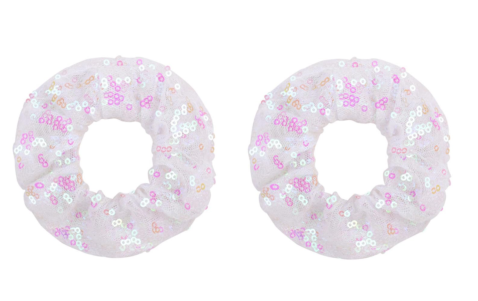ZOONAI Women Teen Girls Sequins Satin Scrunchies Hair Accessories Elastic Sparkly Hair Ponytail Holder Hair Tie - Set of 2 (White)