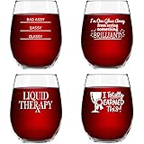 Funny Stemless Wine Glasses Set of 4 (15 oz)- Funny Novelty Wine Glassware Gift for Women- Party, Event, Hosting Fun- Wine Lo