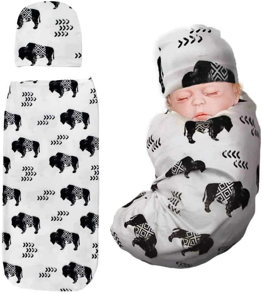 TIANNUOFA Newborn Swaddle Sack with Hat, Swaddle Wrap, Ink Buffalo Baby Sleeping Sack, Photography Prop Gift for 0-3 Months Boy/Girl Babies