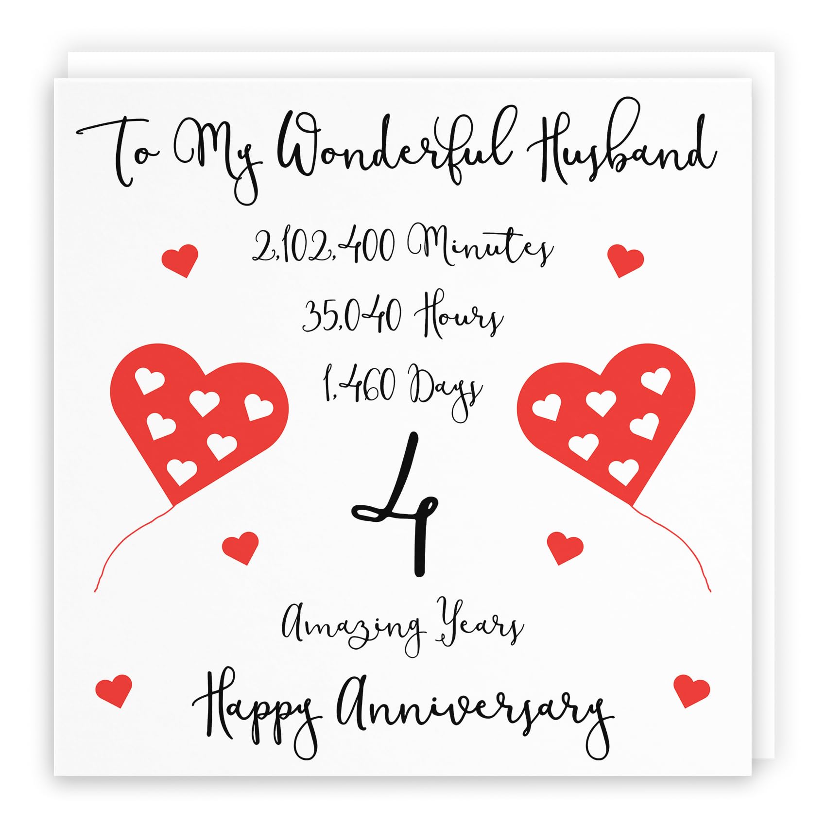 Hunts England - Large Romantic Husband 4th Wedding Anniversary Card - To My Wonderful Husband - 4 Amazing Years - Timeless Collection - Large - 210 x 210 mm