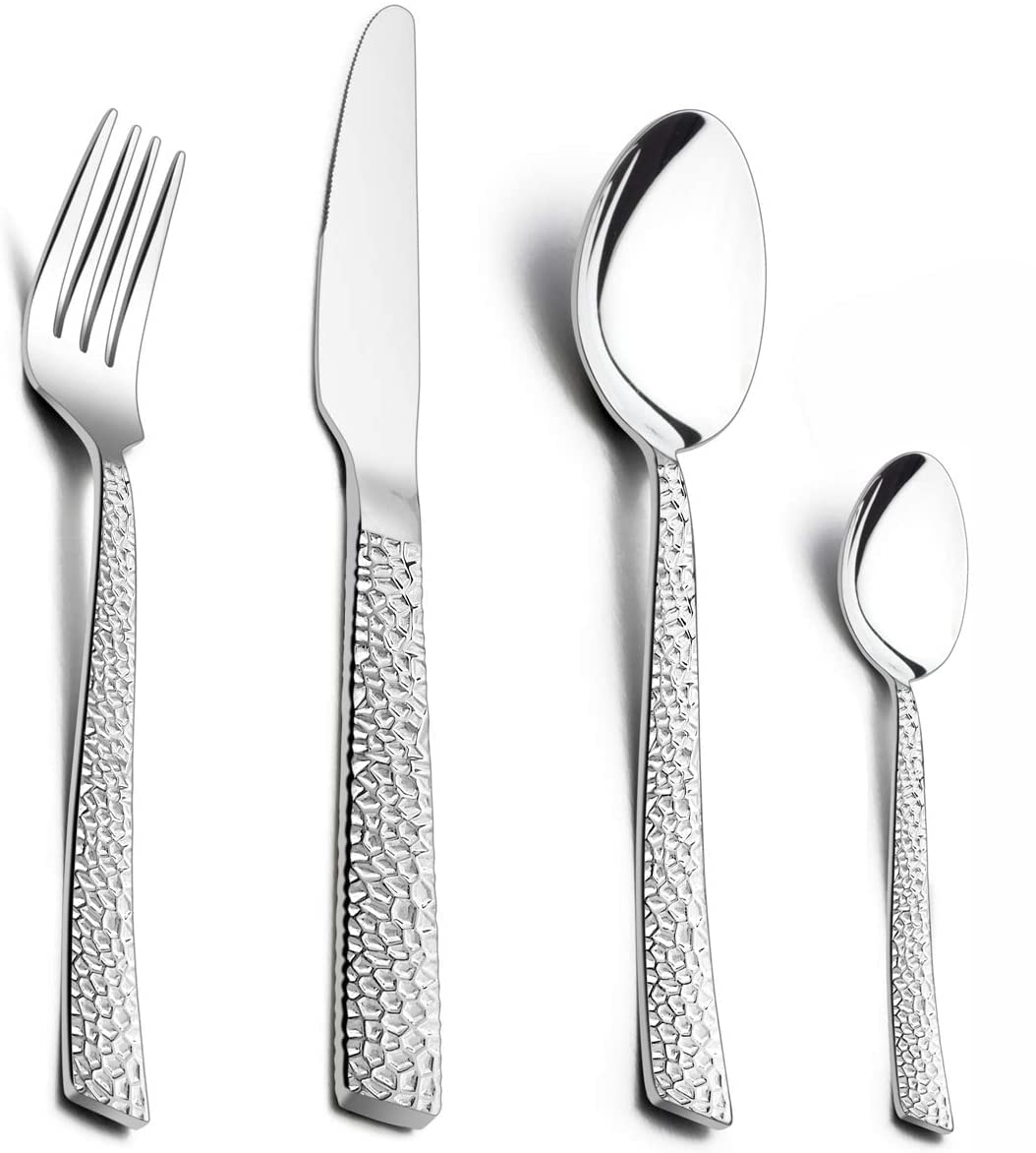 HaWare 24 Pieces Cutlery Set, Stainless Steel Hammered Flatware Silverware Include Knife Fork Spoon, Service for 6, Mirror Polish & Dishwasher Safe, Home/Kitchen/Party
