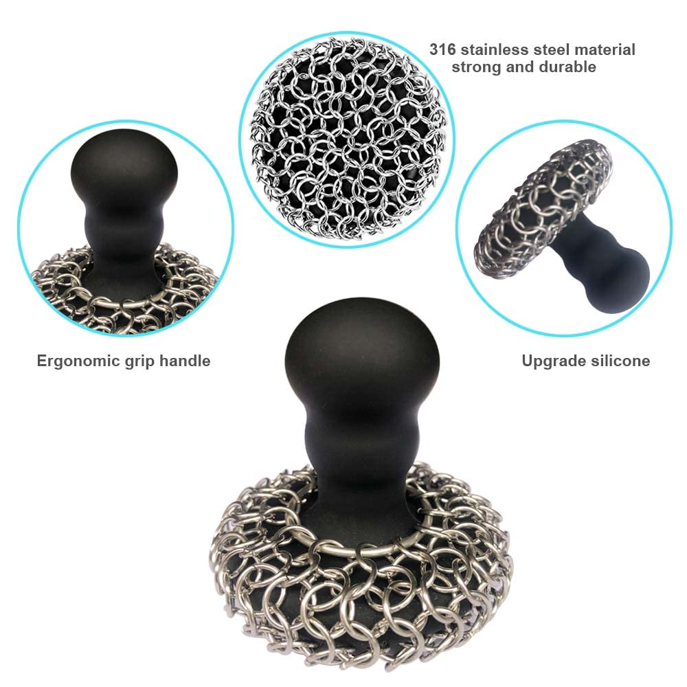 316 Upgraded Chainmail Scrubber with Silicone Handle Cast Iron Cleaner for Cast Iron Grill Pan Skillet Wok Bakeware Ergonomic to Hold Easy to Use Dishwasher Safe, Scrubber + Scraper + Towel (Black)