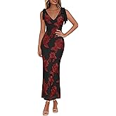 Lazysmile Womens Floral Embroidered Maxi Dress Sleeveless V Neck Tie Strap Ribbon Flower Mesh Party Cocktail Dresses
