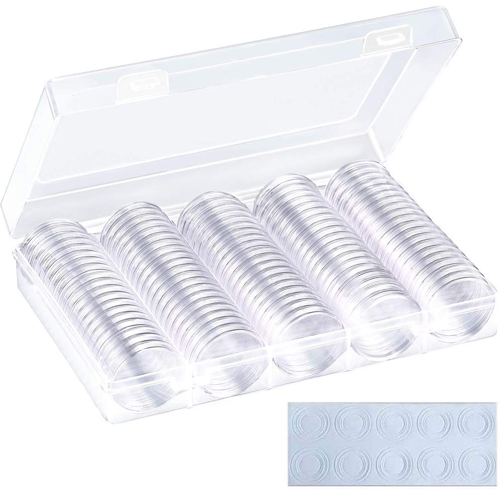 Coin Protection Box With Sponge Ring, Qtopun 100 Pcs Plastic Coin Capsules with Storage Organizer Holder Clear Coin Display Cases Round Container Box With Foam Gasket for Coin Collection (25mm/27mm/30