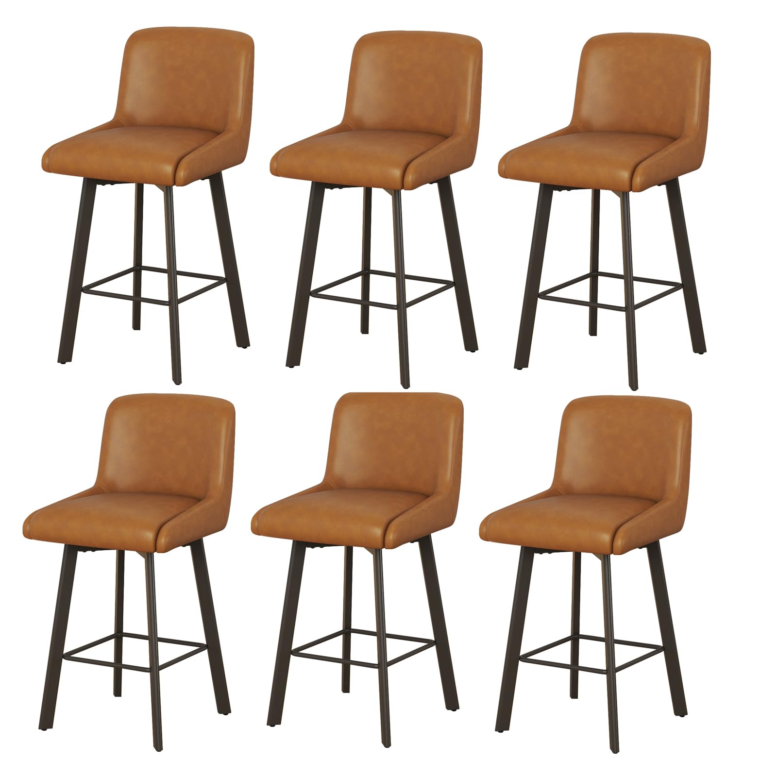 SAECKBERG Swivel Counter Height Bar Stools Set of 6, 26''H Upholstered Barstools with Backs, Modern Bar Stool Chairs for Kitchen Island, Metal Legs, Faux Leather, Whiskey Brown Stools Counter Chair