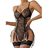 OYOANGLE Women's Lace Teddy Babydoll Bodysuit Lace Up Garter Underwire Lingerie set with Stocking