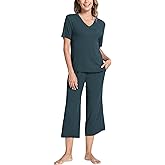 GYS Bamboo Viscose Sleep Sets for Women Short Sleeve V-Neck Top and Capri Pants Pajama Sets