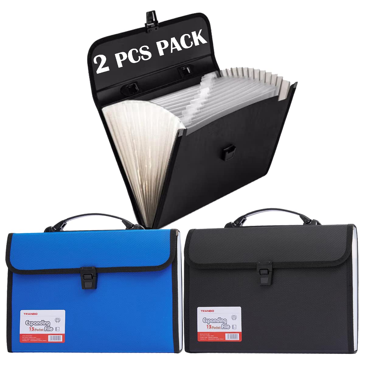 2 Pack 13 Pockets Expanding File Folder Organiser with Handle, TRANBO Accordion File Organiser, Plastic Document Wallet for Paperwork A4, Portable Filing Box for Travel School Office Home