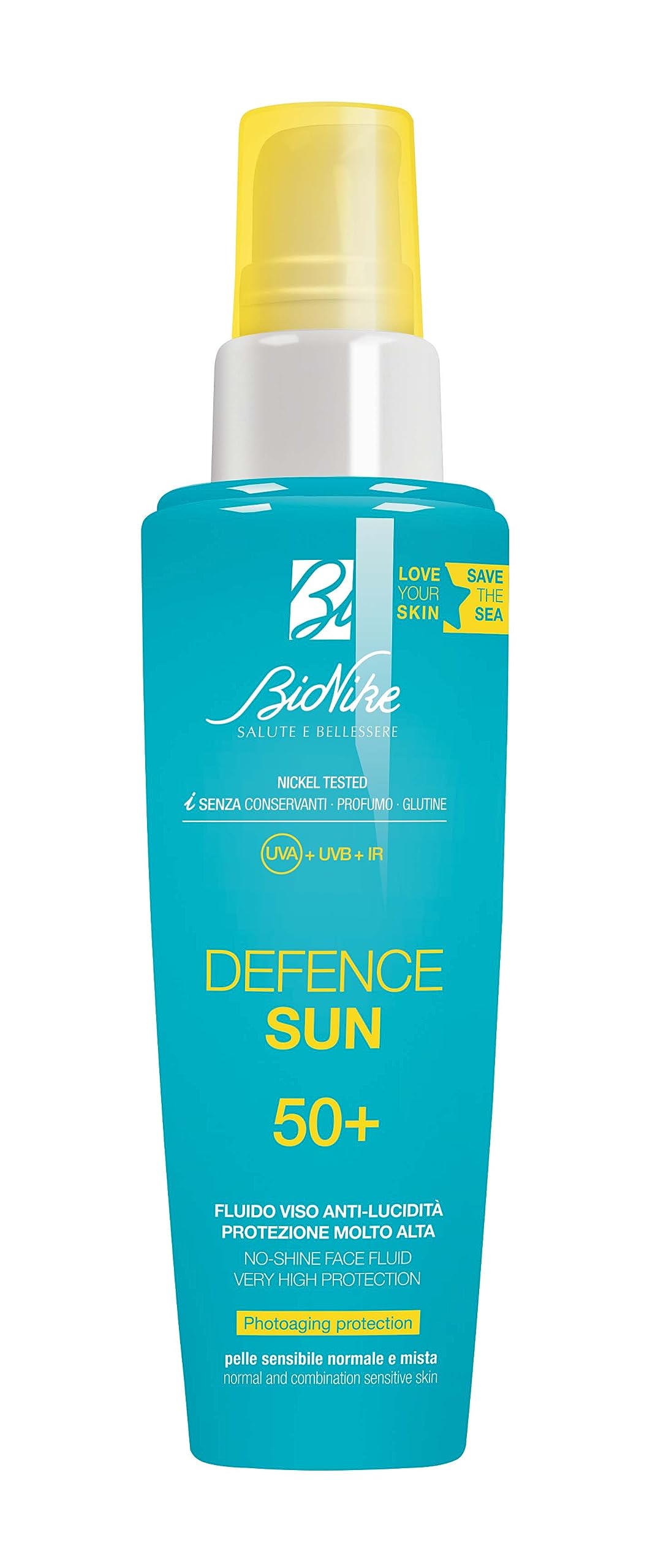Bionike Defence Sun Face Liquid Anti-Shine SPF 50 Matte for Normal and Combination Skin Mattifying and Antioxidant Effects Waterproof Strengthens and Repairs Skin 50ml