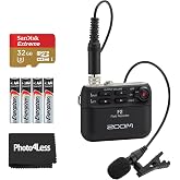 Zoom F2 Ultracompact Portable Field Recorder with Lavalier Microphone with Flash 32 GB Microsdhc Memory Card UHS-I Gold, Red and 4-Pack AAA Alkaline Batteries Plus Lens Cleaning Cloth