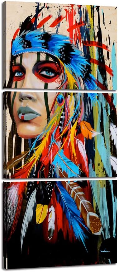 3 Pieces Native American Canvas Painting for Living Room Indian Girl Warrior Feathered Women Chief Wall Art Picrure Fighting Buffalo Print Poster Artwork Home Office Bedroom Framed Decor(16''Wx36''H)